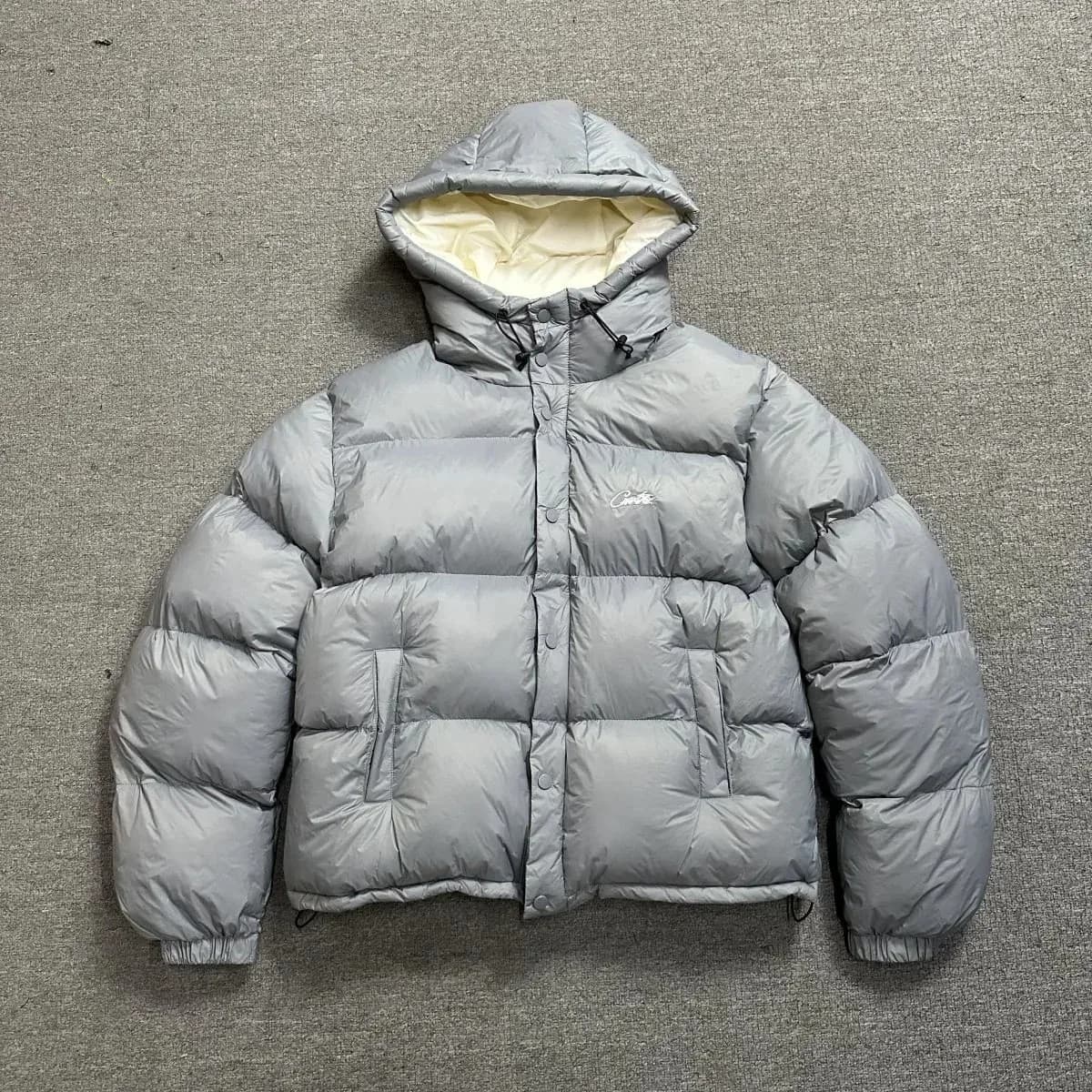 Corteiz Gray Puffer Jacket with Hood and Embroidery — product photo on Sugargoo Spreadsheet