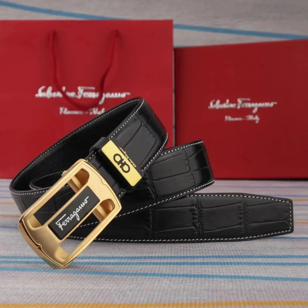 Salvatore Ferragamo Ferragamo Black Crocodile Texture Belt with Gold Buckle — product photo on Sugargoo Spreadsheet