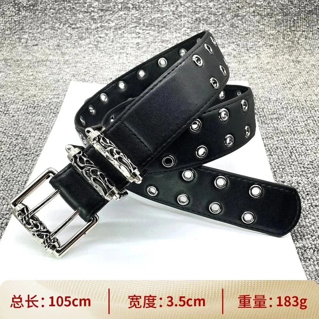 Black Leather Belt with Silver Grommets and Ornate Buckle — product photo on Sugargoo Spreadsheet