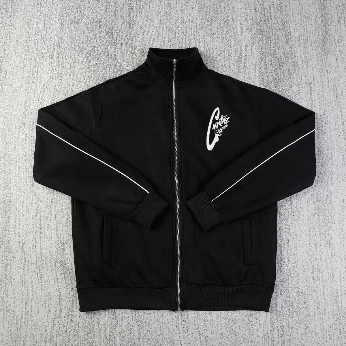 Black Track Jacket with White Logo and Piping — product photo on Sugargoo Spreadsheet