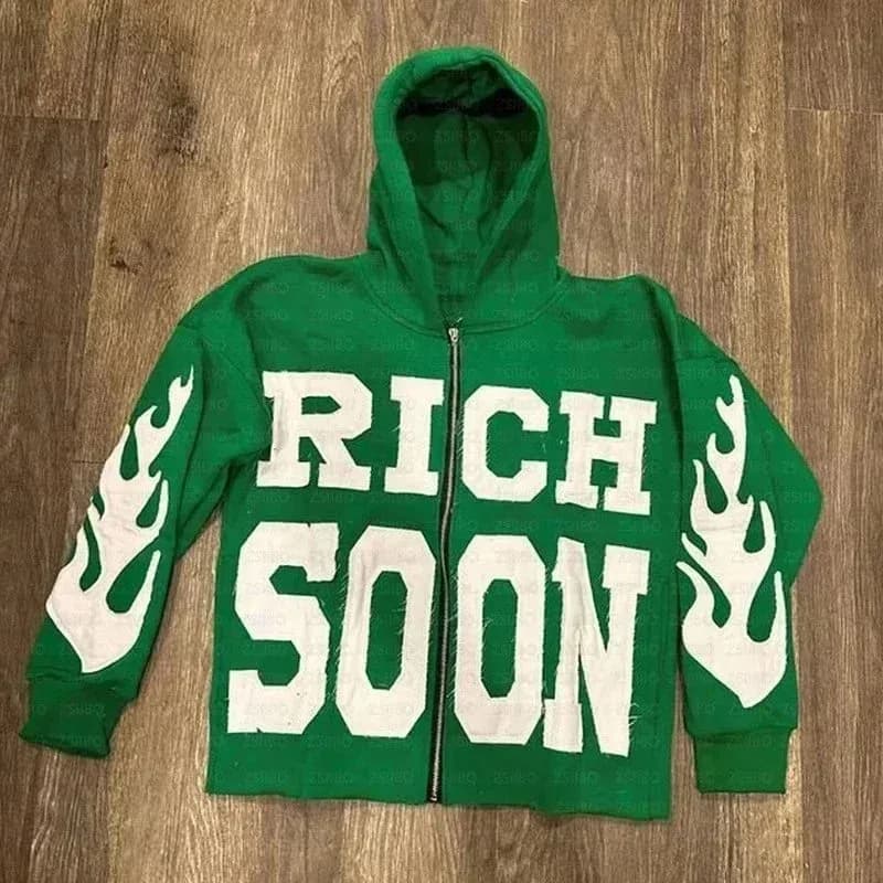 Green 'Rich Soon' Zip-Up Hoodie — product photo on Sugargoo Spreadsheet