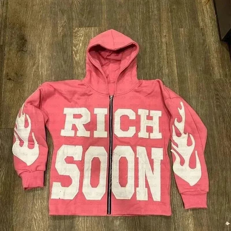 Unisex Pink 'Rich Soon' Zip-Up Hoodie with Flame Sleeves — product photo on Sugargoo Spreadsheet