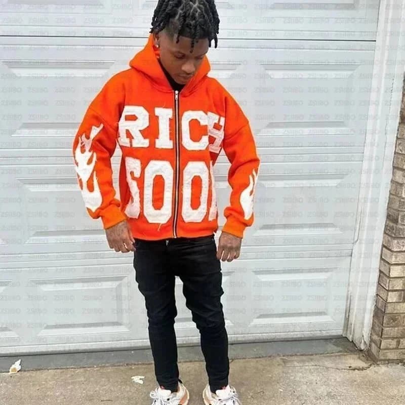 Unisex Orange 'Rich Soo' Zip-Up Hoodie — product photo on Sugargoo Spreadsheet