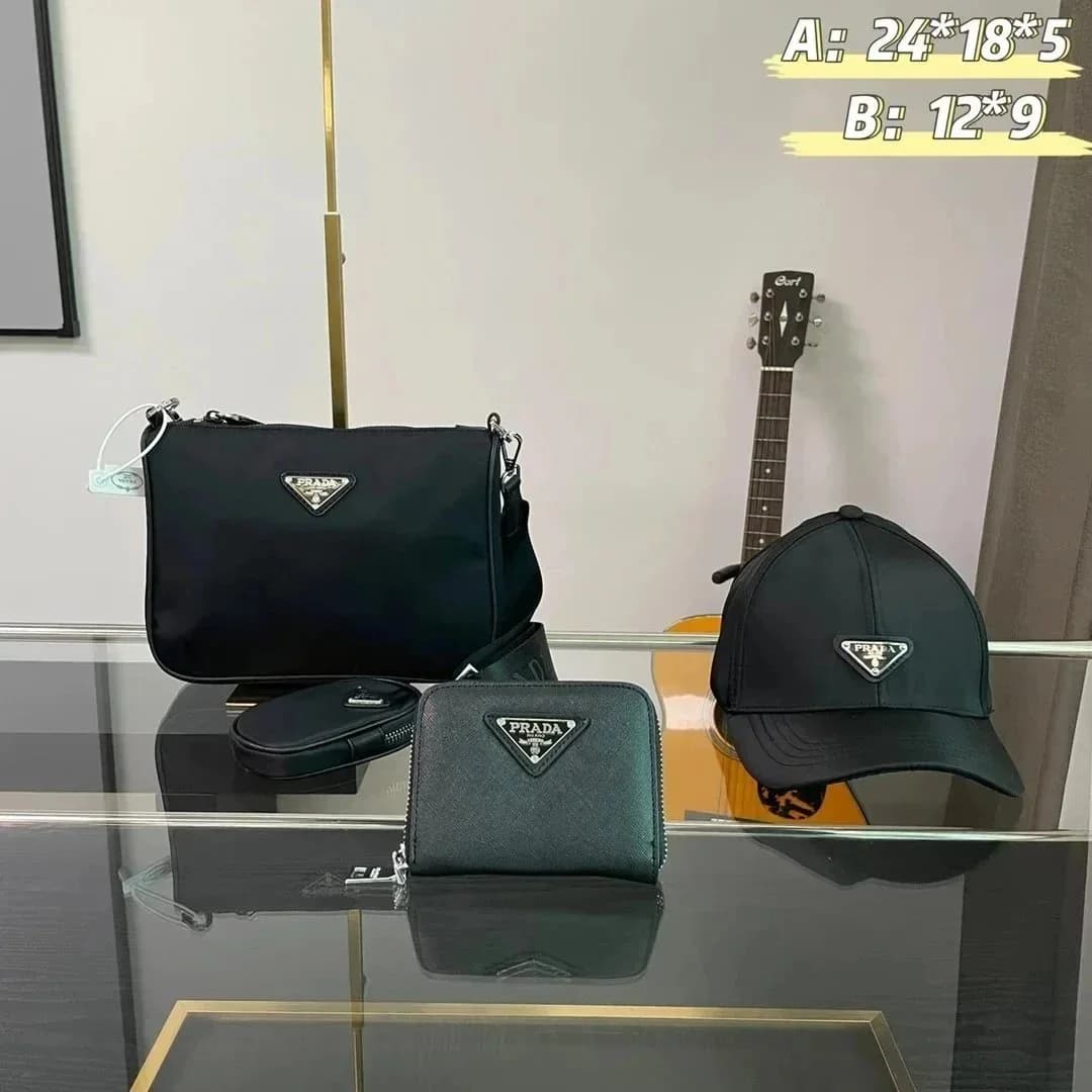 Prada Triangle Logo Black Crossbody Bag, Wallet & Cap Set — product photo on Sugargoo Spreadsheet