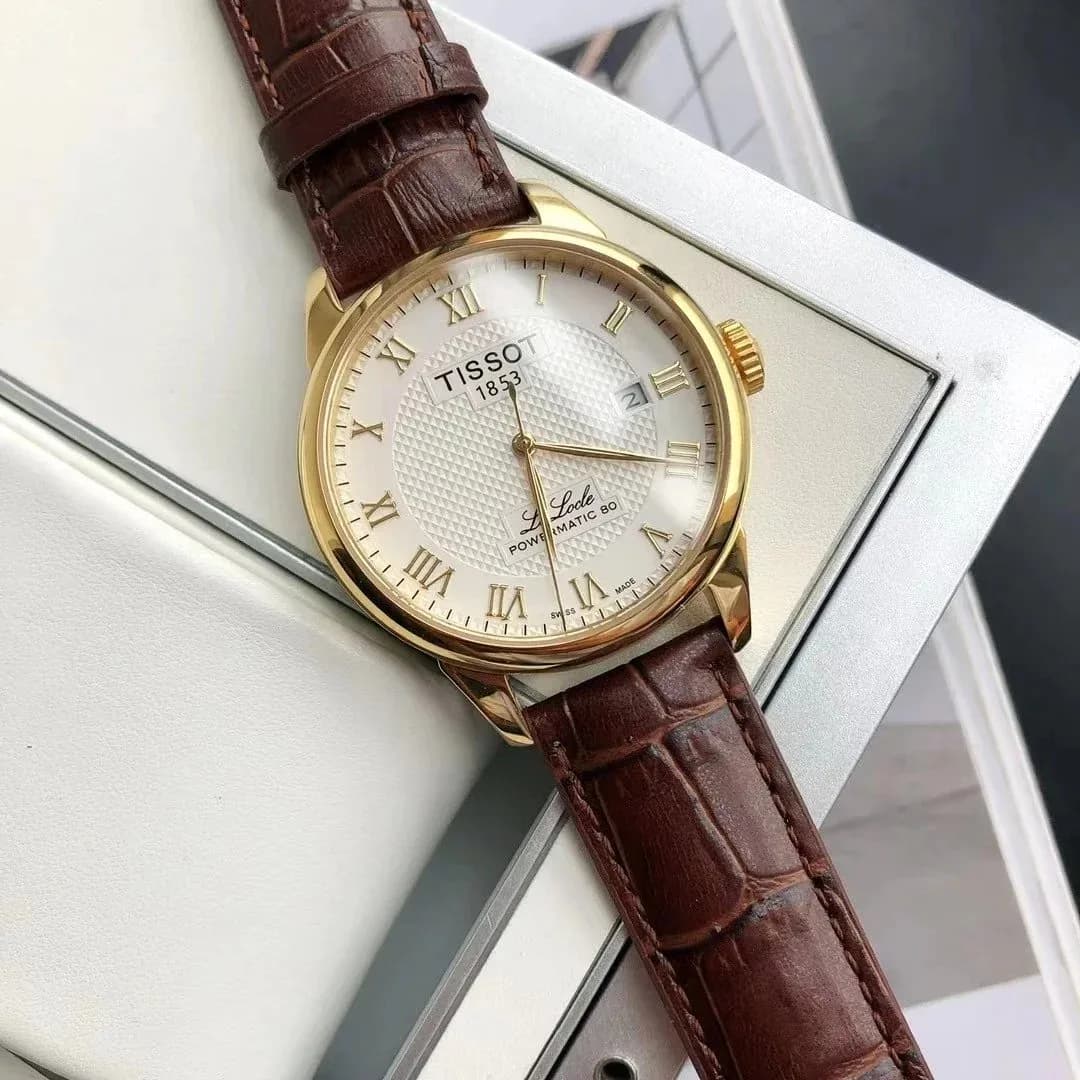 Tissot Le Locle Powermatic 80 Gold Case White Dial Brown Leather Watch — product photo on Sugargoo Spreadsheet